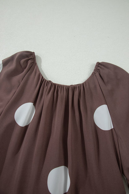 Brown Polka Dot Puff Sleeve Loose Fit Mini Dress