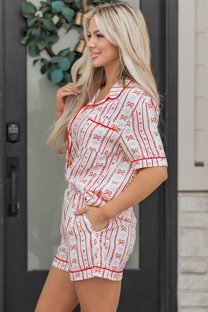 Valentines Heart Bow Print Ribbon Trim 2 Piece Pajama Set