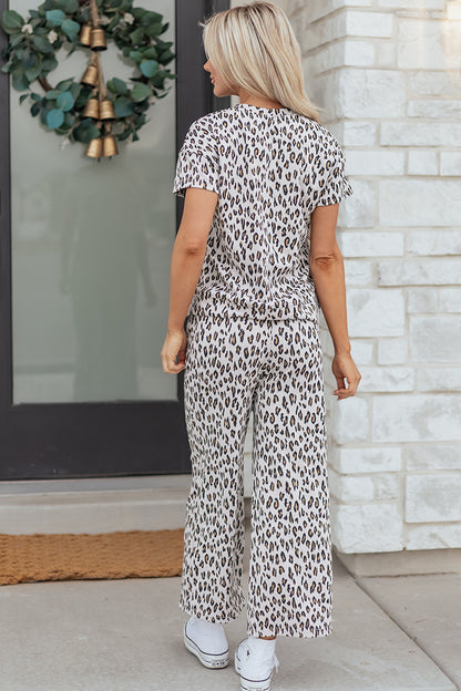 Beige Leopard Print Short Sleeve Top and Wide Leg Pants Set