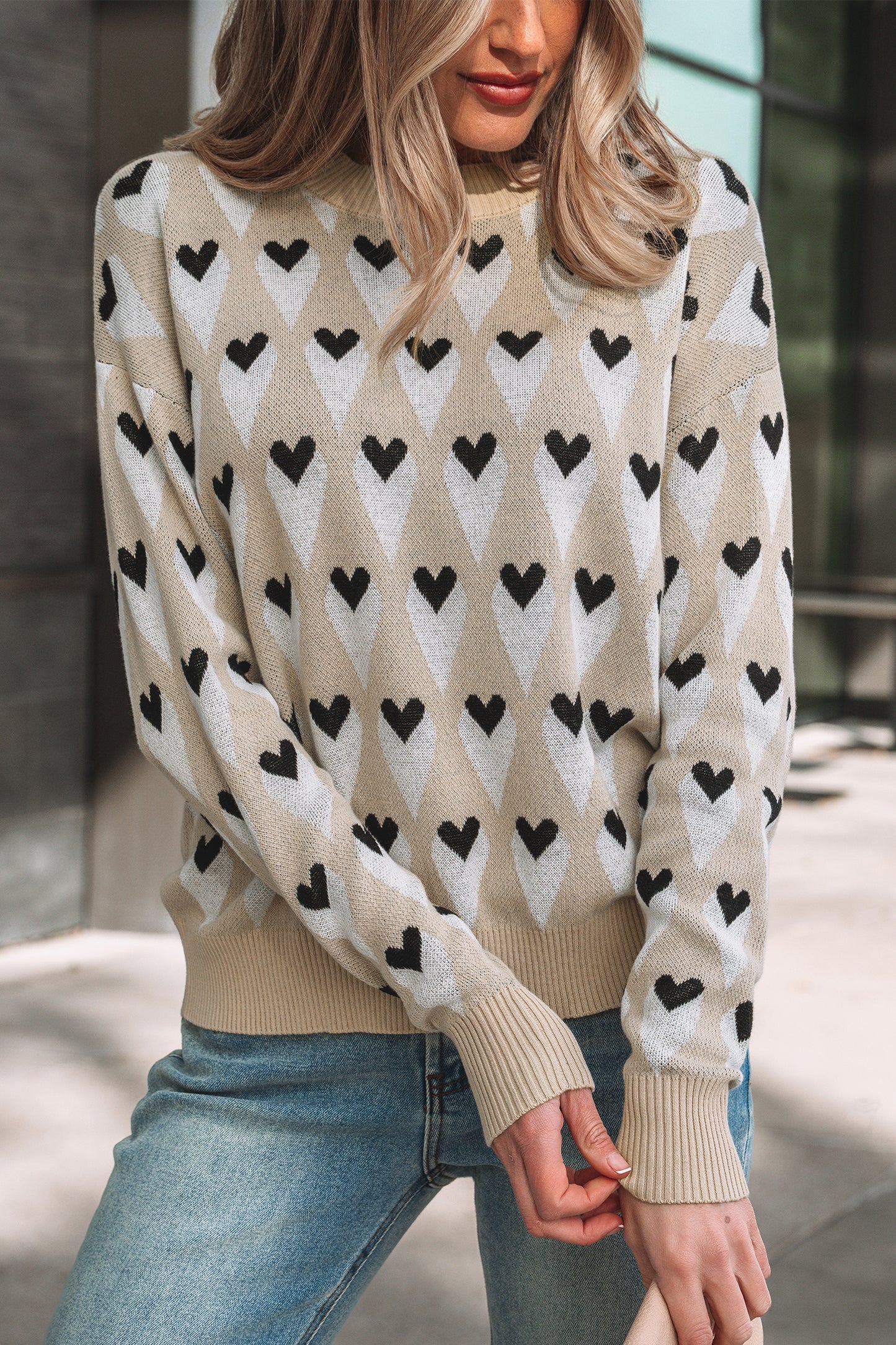 Valentine Heart Print Cozy Knit Loose Fit Sweater