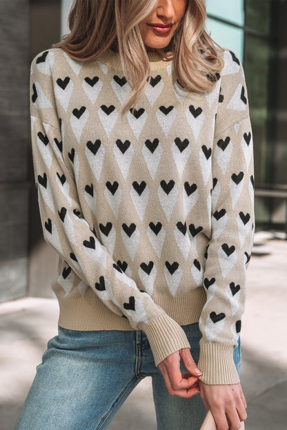Valentine Heart Print Cozy Knit Loose Fit Sweater