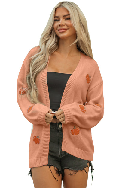 Light Pink Christmas Tree Print Open Front Drop Shoulder Midi Cardigan