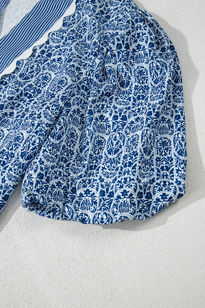 Blue Floral Contrast Puff Sleeve Notch Neck Top