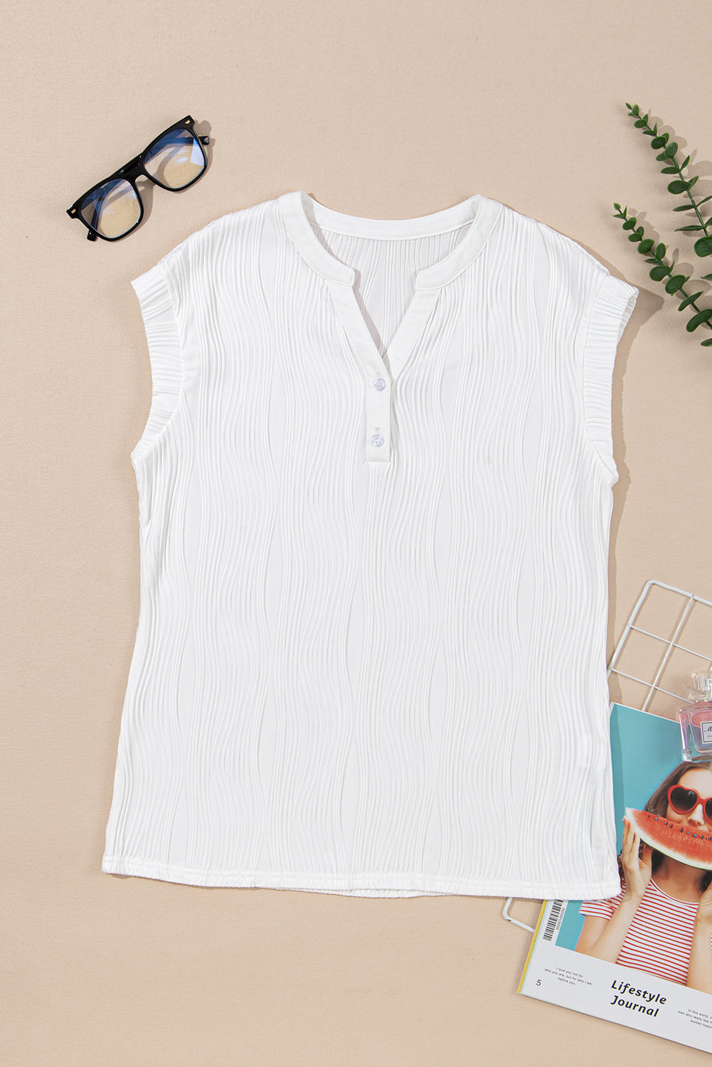 Ribbed V Neck Button Cap Sleeve Knit Top Casual