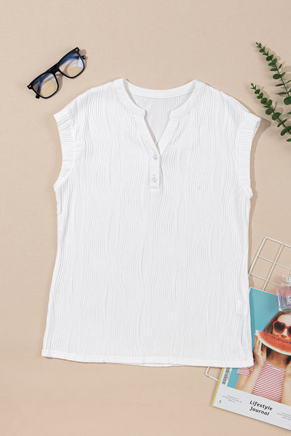 Ribbed V Neck Button Cap Sleeve Knit Top Casual