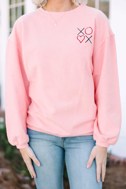 Pink XOXO Heart Embroidered Ribbed Knit Valentines Sweatshirt