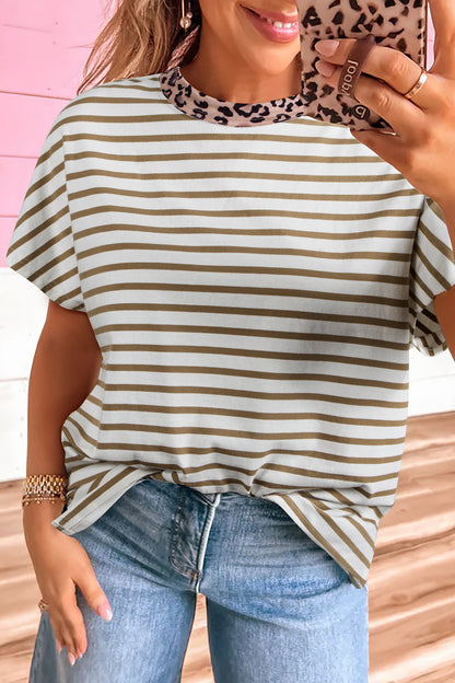 Striped Leopard Trim Tee Casual Loose Fit T Shirt