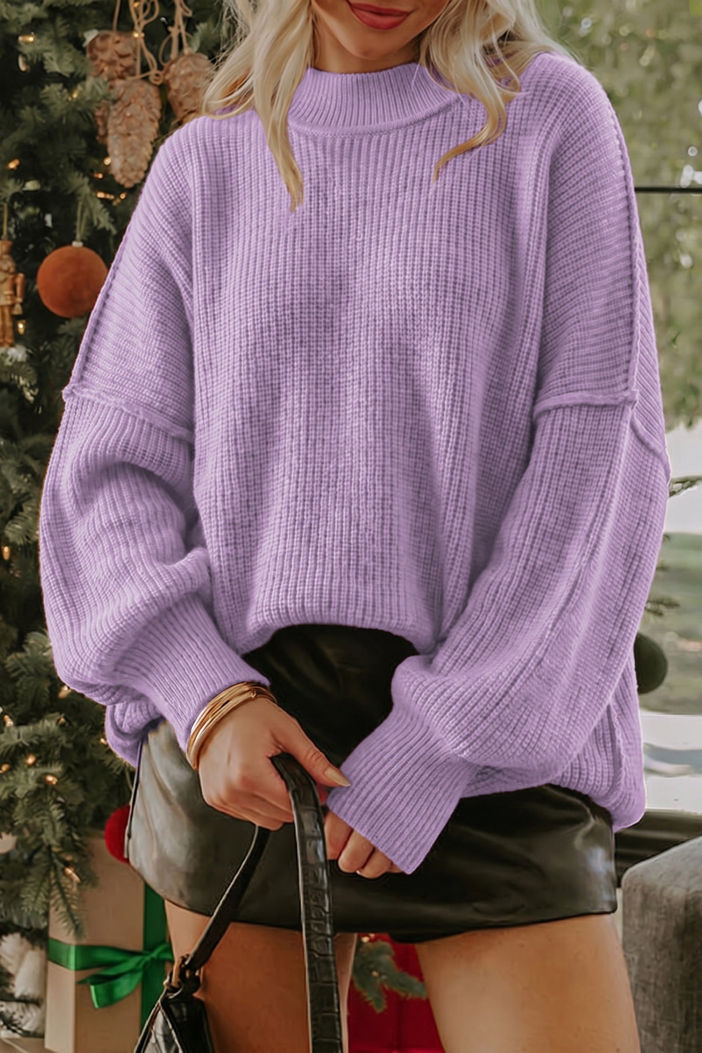 Orchid Purple Mock Neck Ribbed Knit Oversized Sweater Top
