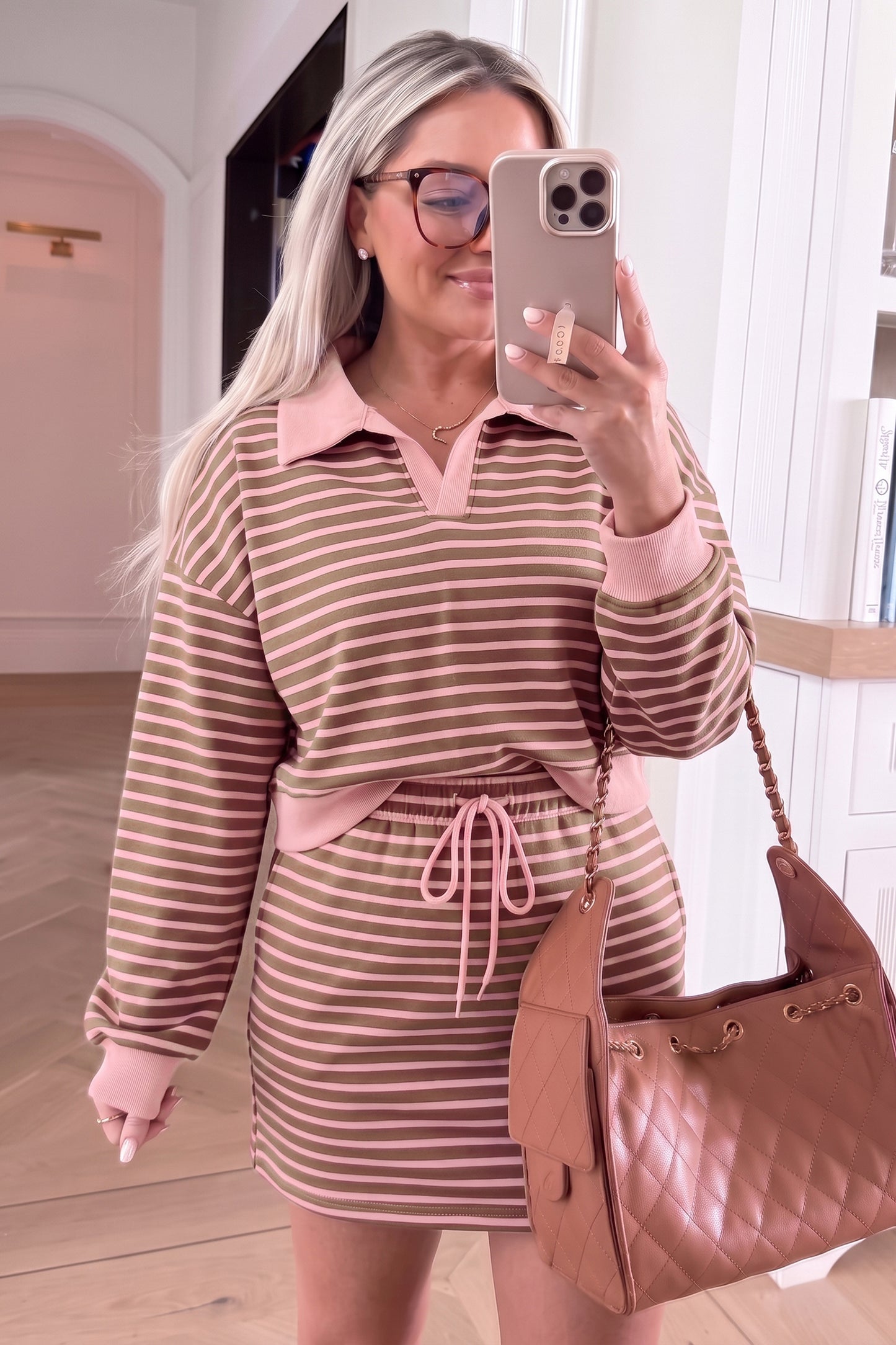 Women's Preppy Striped Collared Drawstring 2-Piece Set