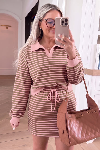 Women's Preppy Striped Collared Drawstring 2-Piece Set