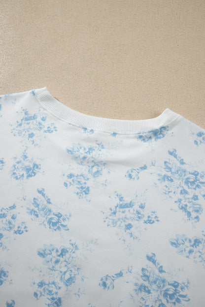 Blue Floral Lounge Set Long Sleeve Top Ruffle Shorts