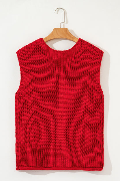 White Chunky Knit Button Front Sweater Vest Women