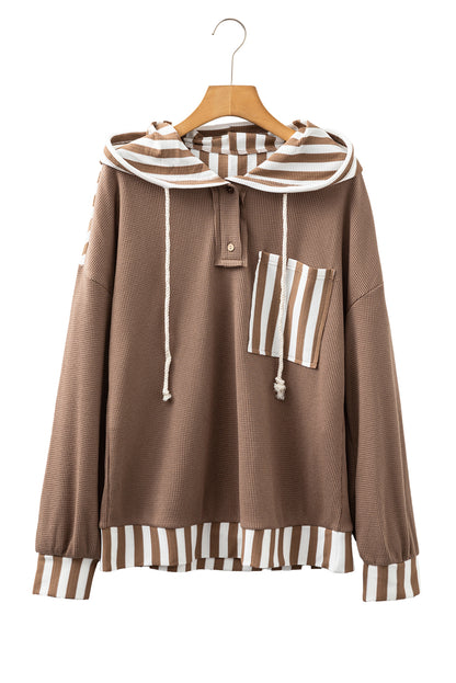 Striped Patchwork Button Neck Drawstring Hoodie with Waffle Texture