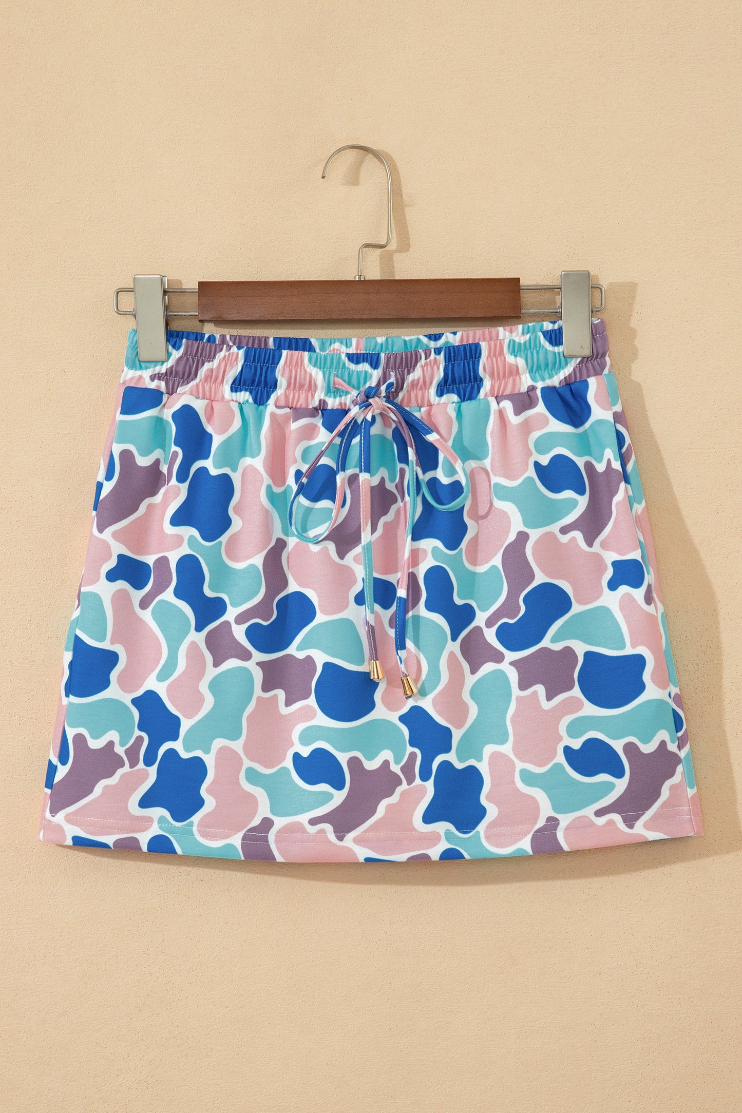 Khaki Western Camo Print Drawstring Mini Skort with Pockets