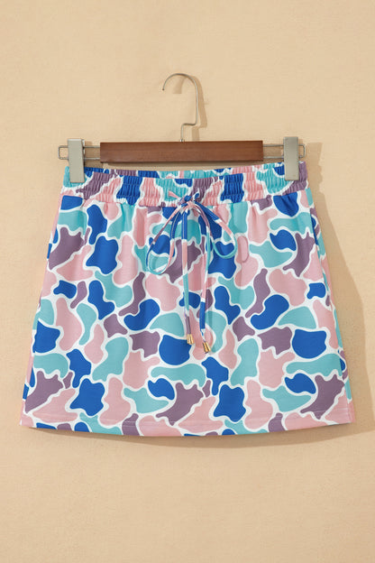 Khaki Western Camo Print Drawstring Mini Skort with Pockets