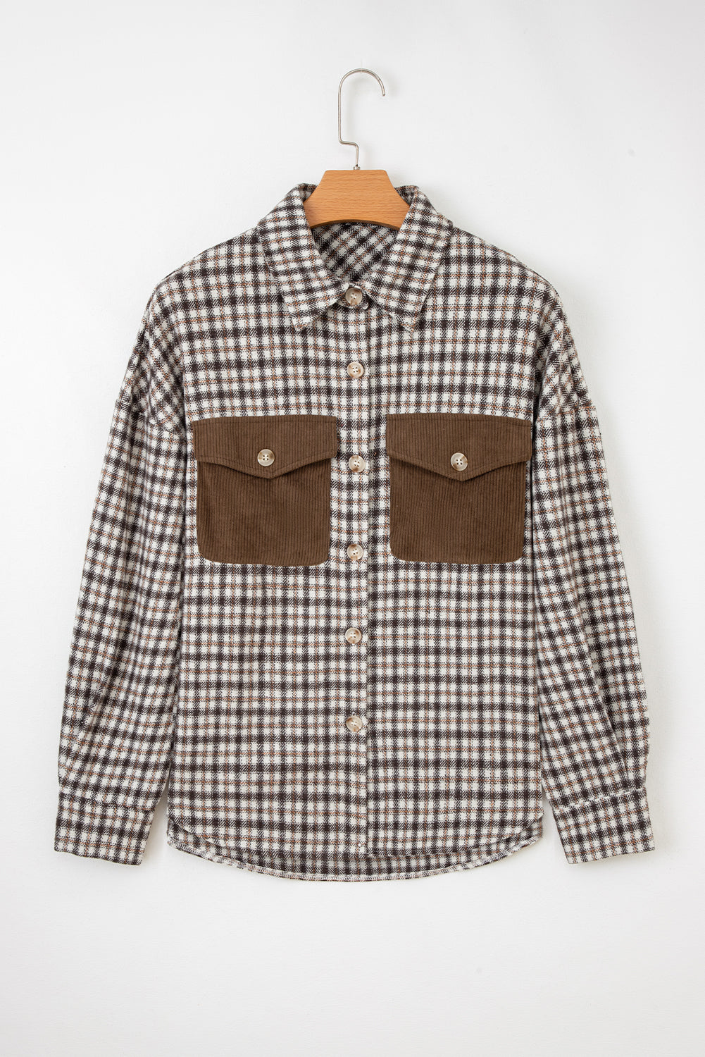 Plaid Shacket with Contrast Corduroy Flap Pockets