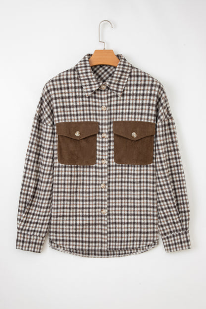 Plaid Shacket with Contrast Corduroy Flap Pockets