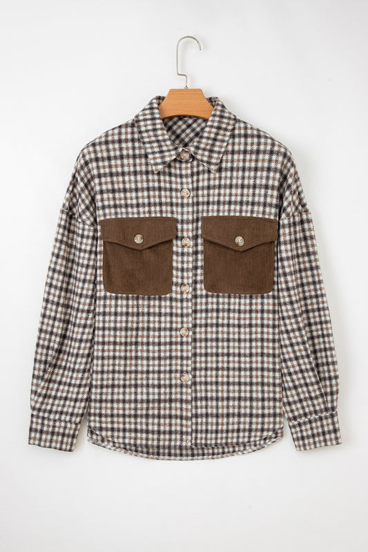 Plaid Shacket with Contrast Corduroy Flap Pockets