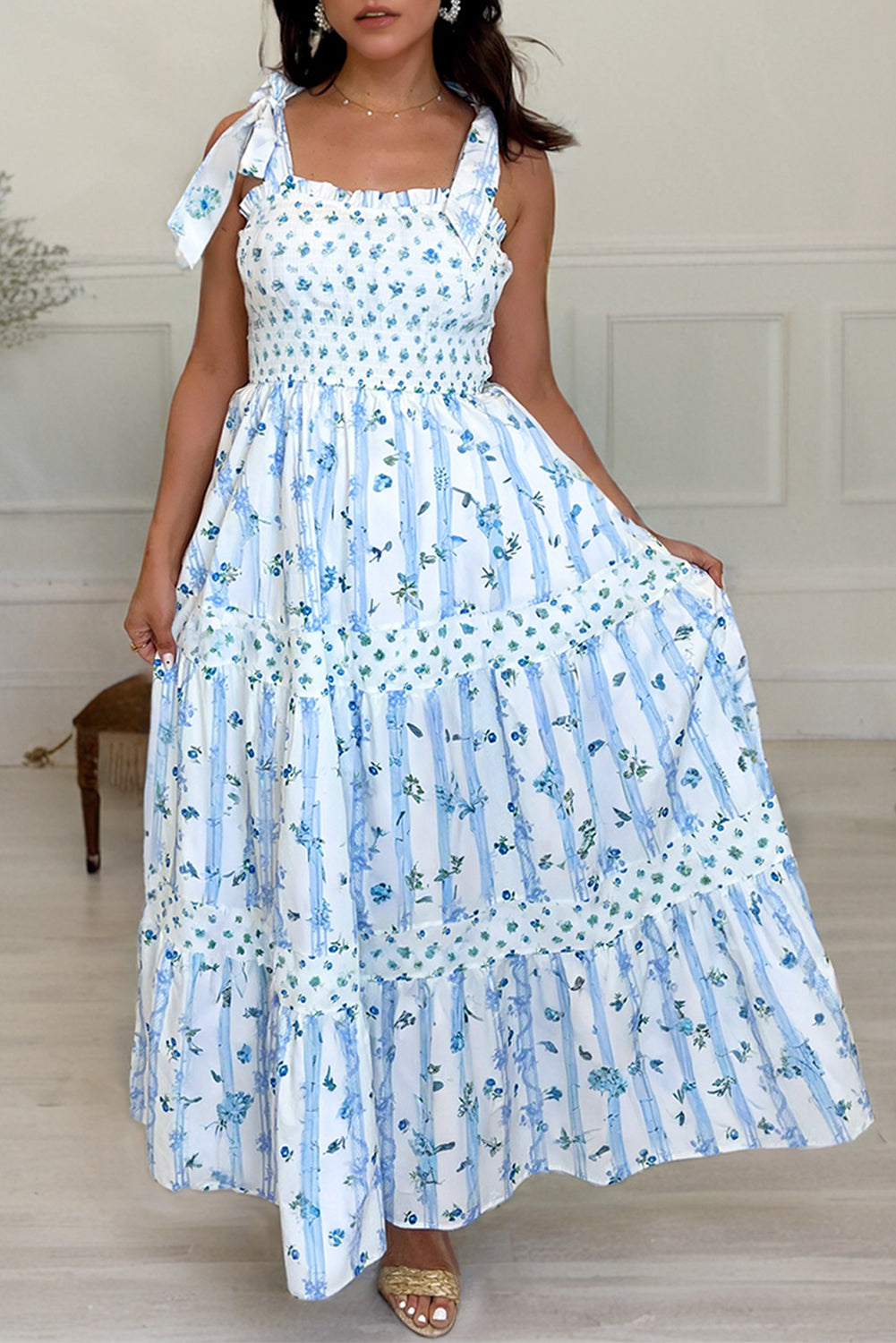 Sky Blue Floral Smocked Tiered Maxi Dress