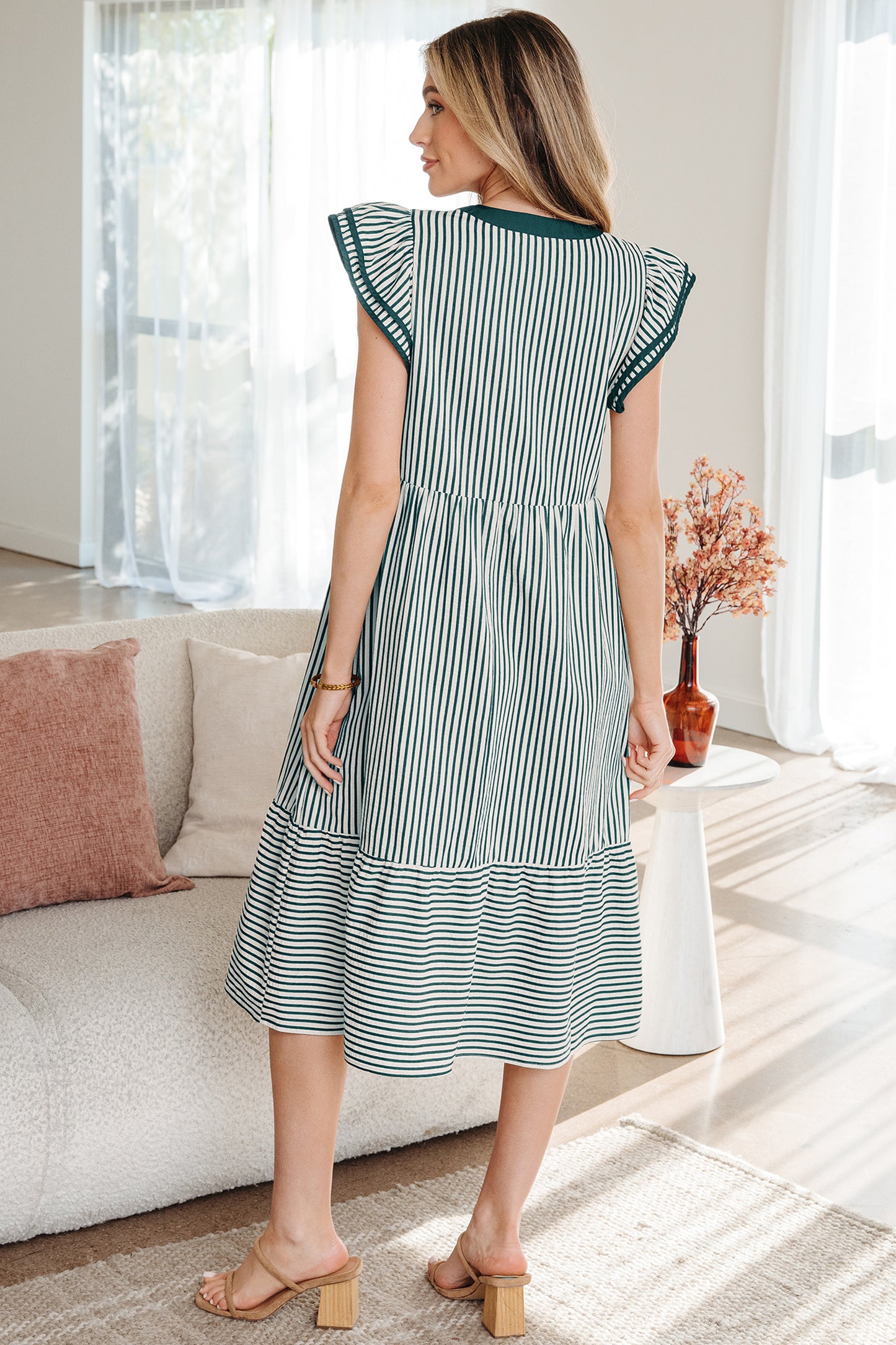Black Stripe Ruffle Sleeve Contrast Trim V Neck Midi Dress