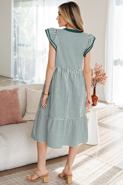 Black Stripe Ruffle Sleeve Contrast Trim V Neck Midi Dress