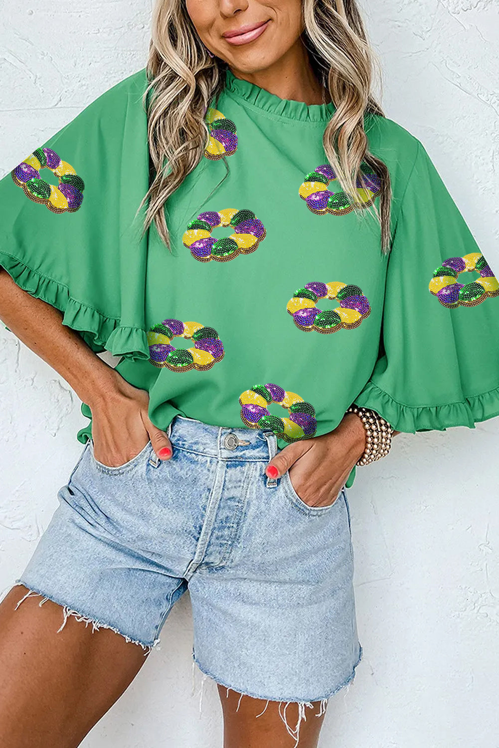 Green Mardi Gras Sequin Beads Ruffle Bell Sleeve Blouse