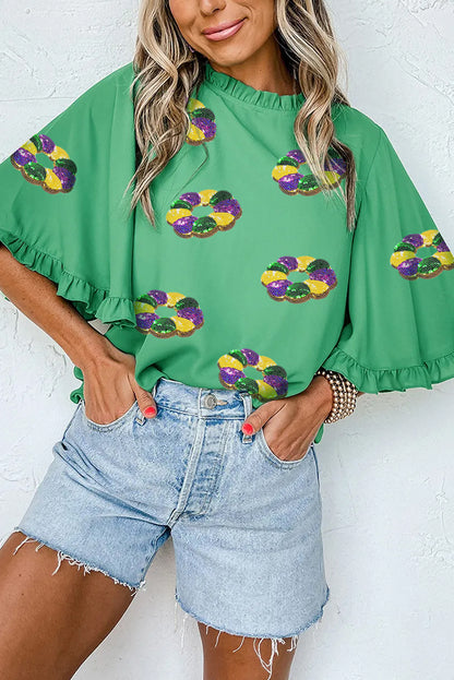Green Mardi Gras Sequin Beads Ruffle Bell Sleeve Blouse