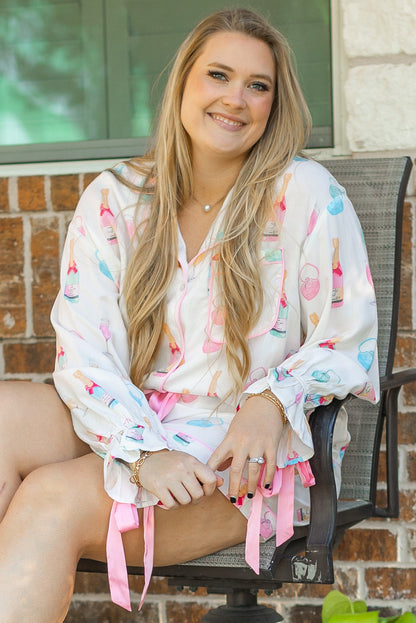 Valentine’s Day White Plus Size Wine Print Bow Pajama Set