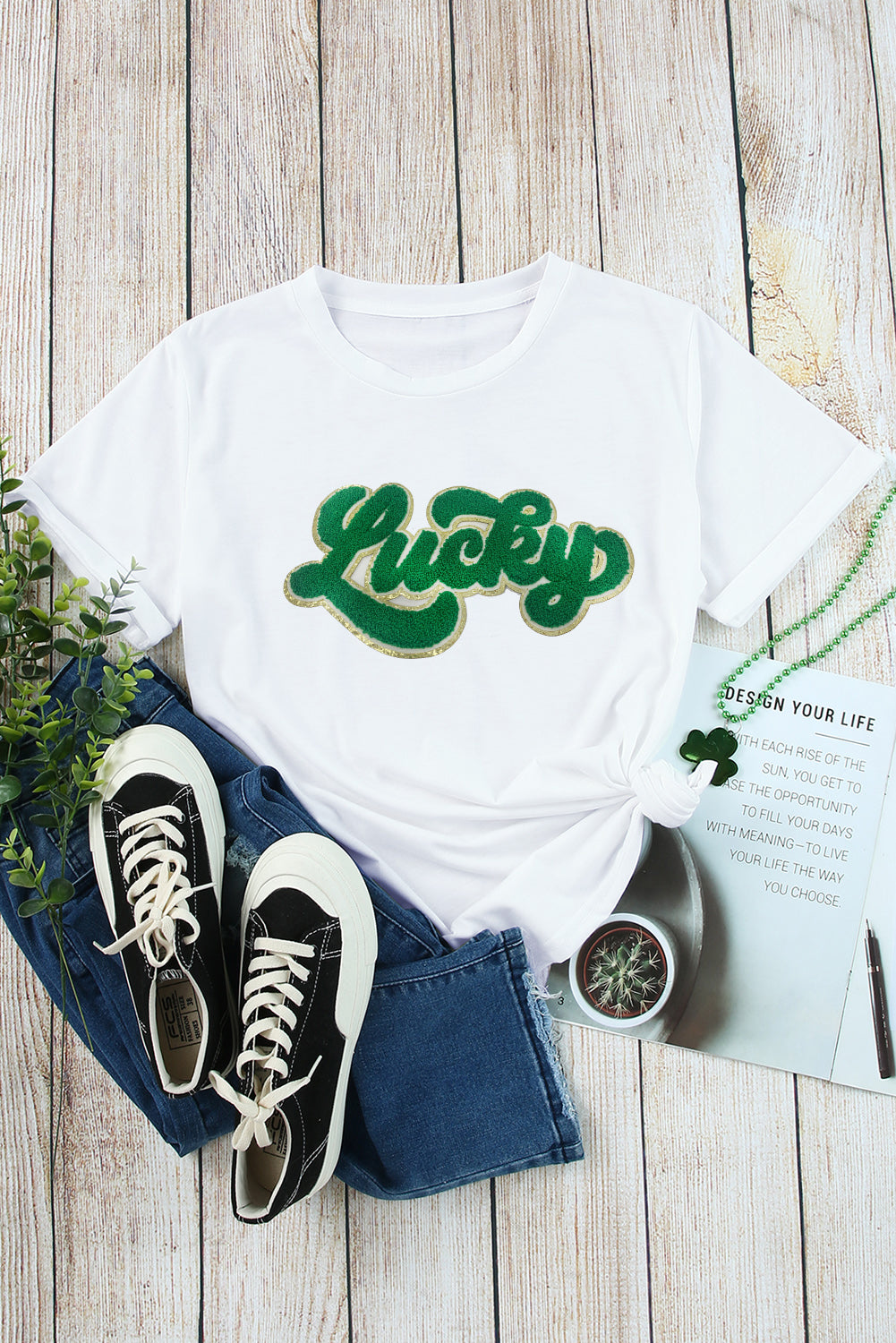 White Lucky Chenille Patch Graphic Tee for St Patrick