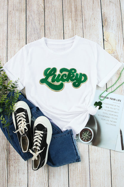 White Lucky Chenille Patch Graphic Tee for St Patrick