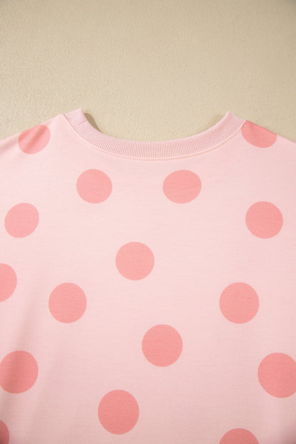 Pink Polka Dot Drop Shoulder Pullover Shorts Set