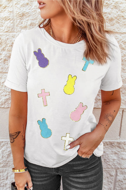 Easter Chenille Bunny Cross Patch White Casual Tee