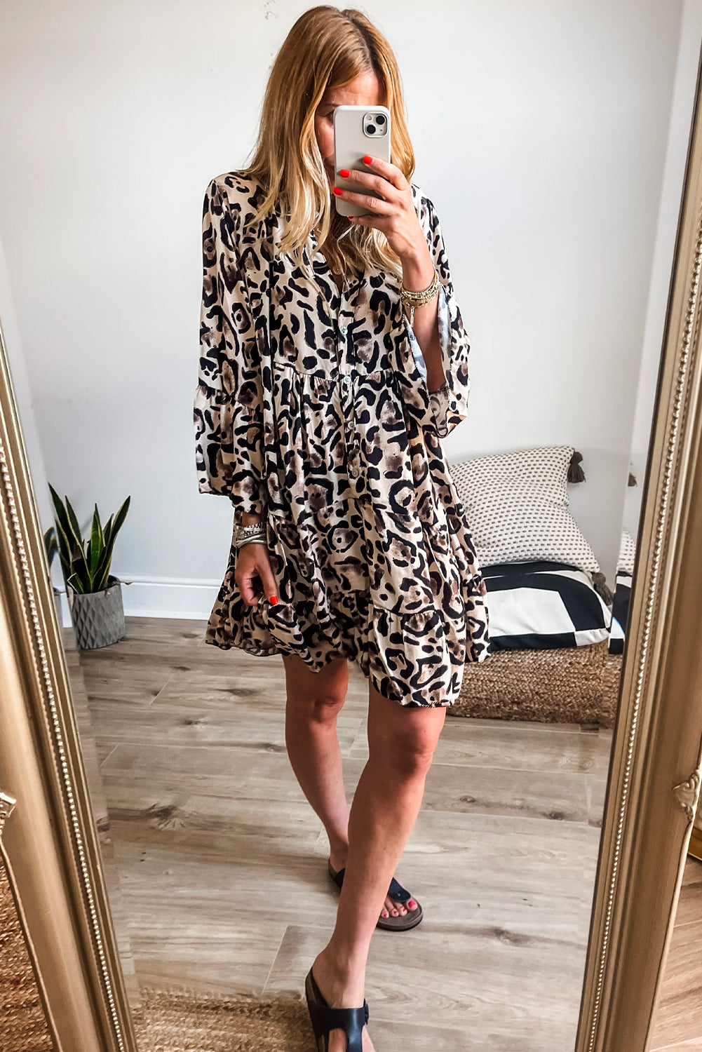 Khaki Leopard Button Front Tiered Ruffle Mini Dress