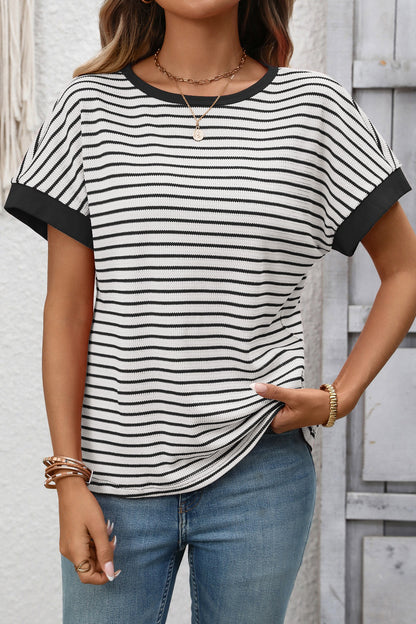 Striped Colorblock Short Sleeve Knit Tee for Women