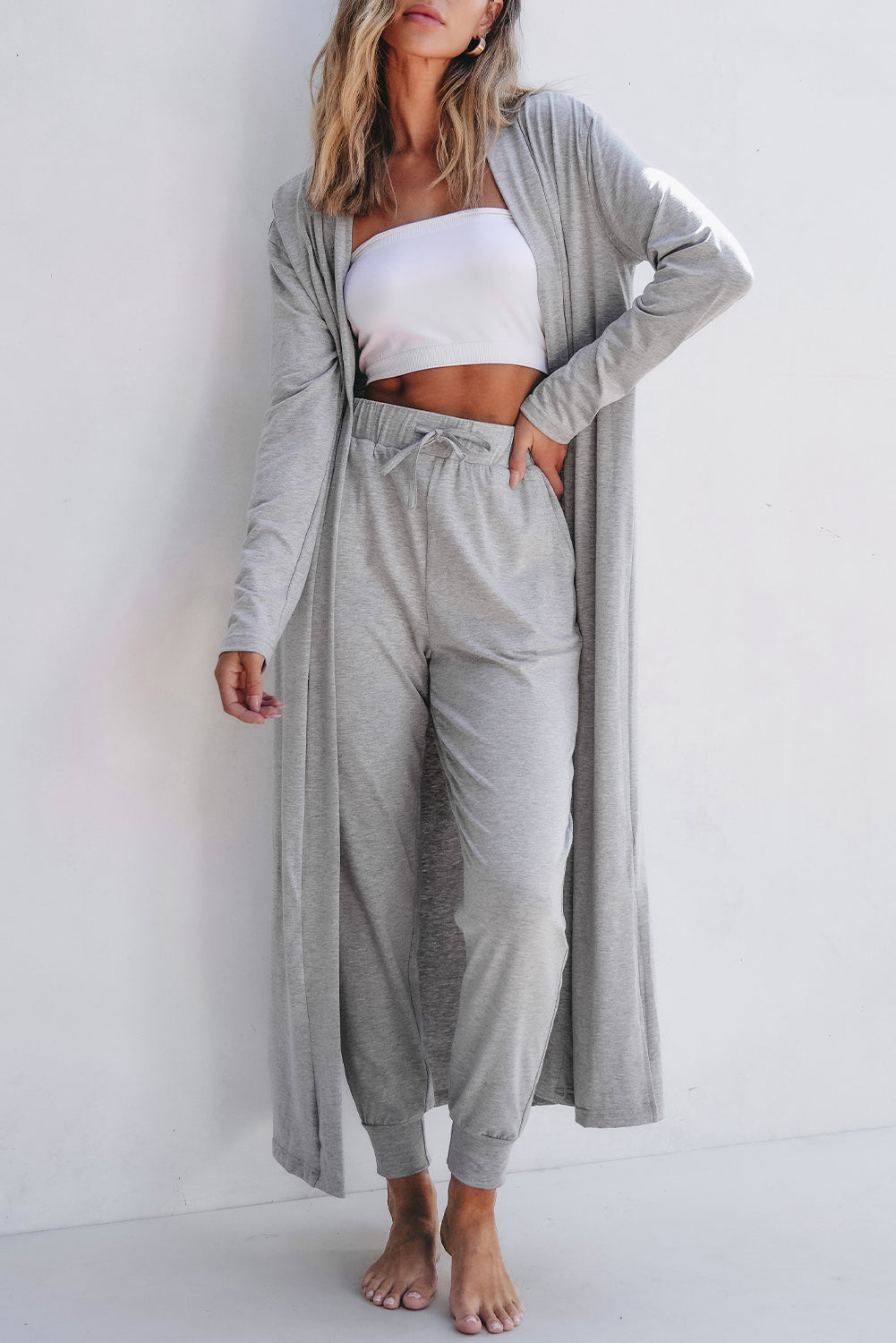 Black Split Long Cardigan and Skinny Pants Lounge Set