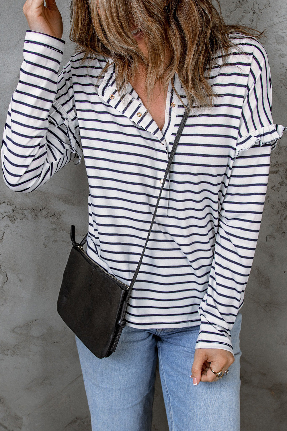 Red Striped Print Ruffled Buttoned Long Sleeve Top