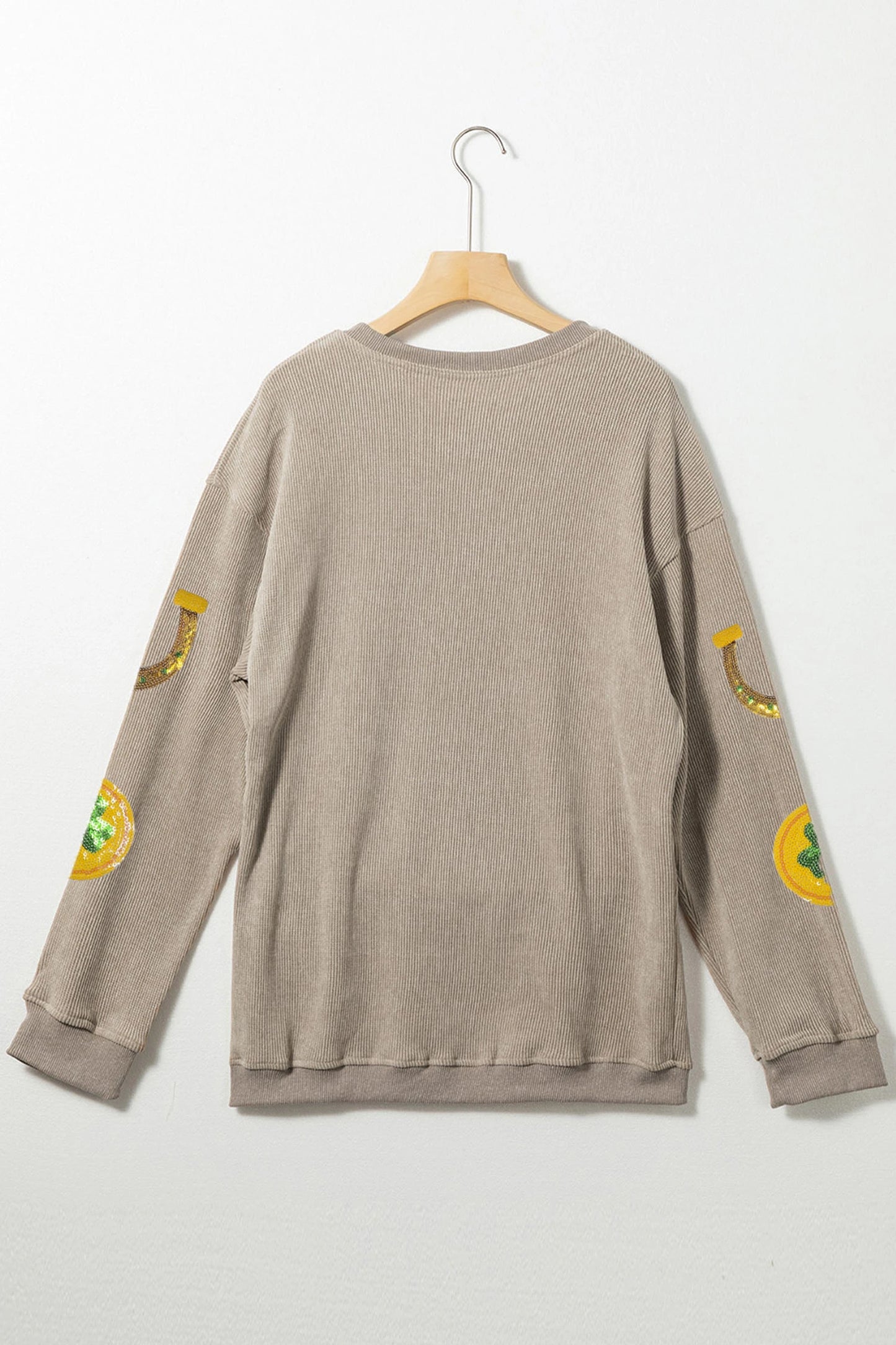 Khaki Sequin Lucky Graphic Corded Ribbed Sweatshirt