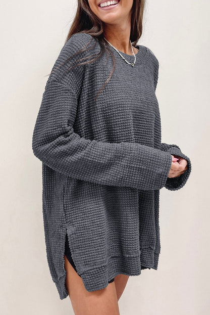 Black Waffle Knit Oversized Top with Side Slits