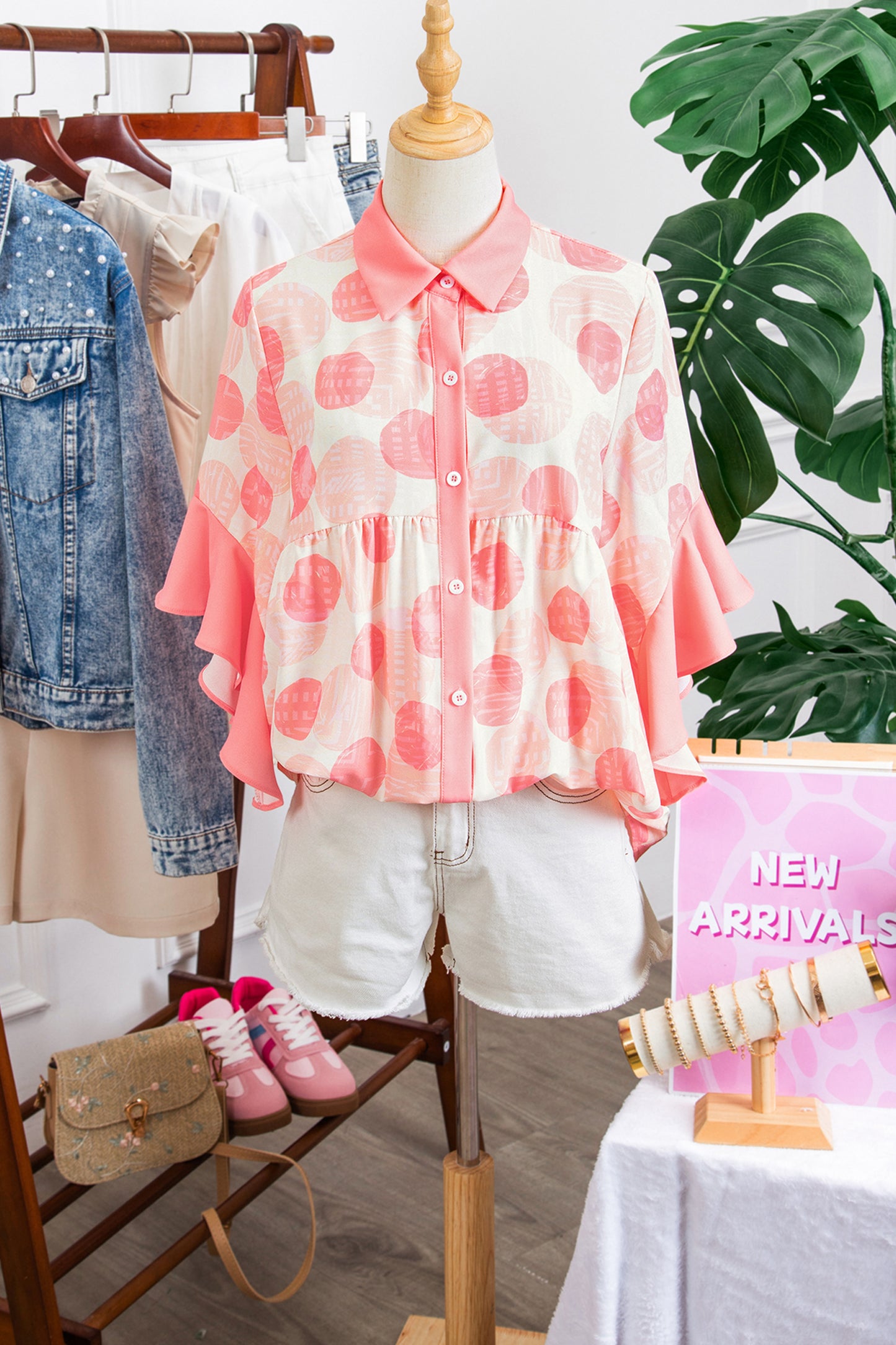 Abstract Dot Print Babydoll Top Women Ruffle Sleeve