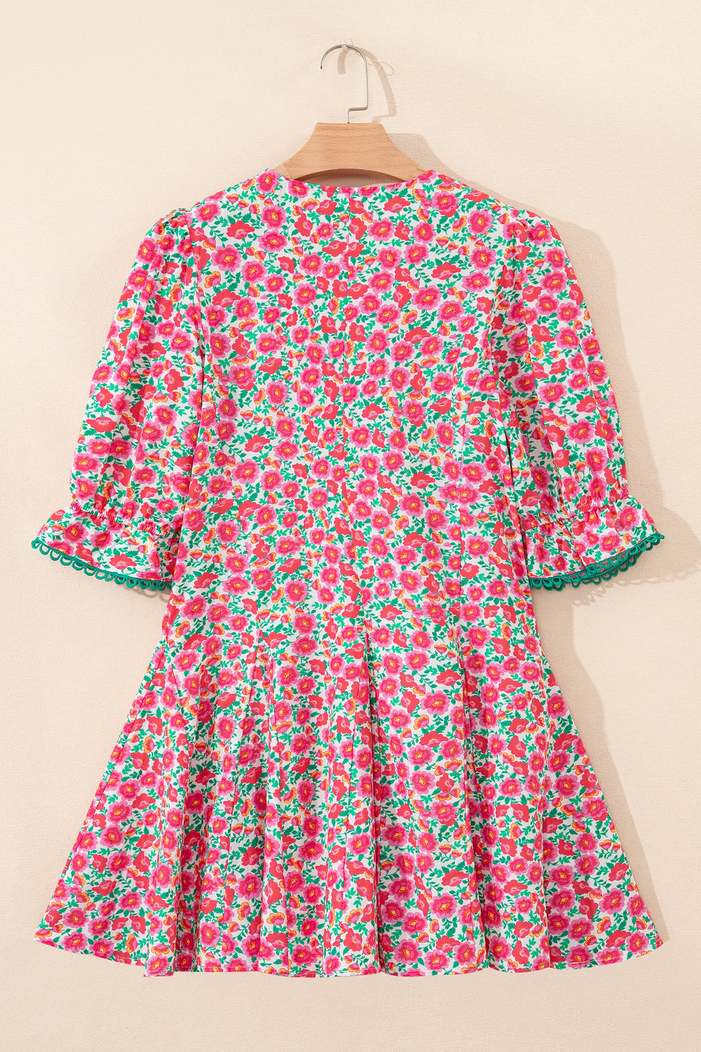 Pink Floral V Neck Puff Sleeve Mini Dress