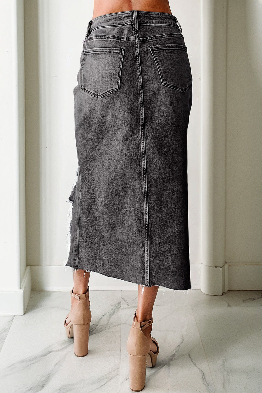Distressed High Waist Asymmetrical Denim Midi Skirt