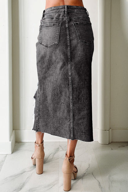 Distressed High Waist Asymmetrical Denim Midi Skirt