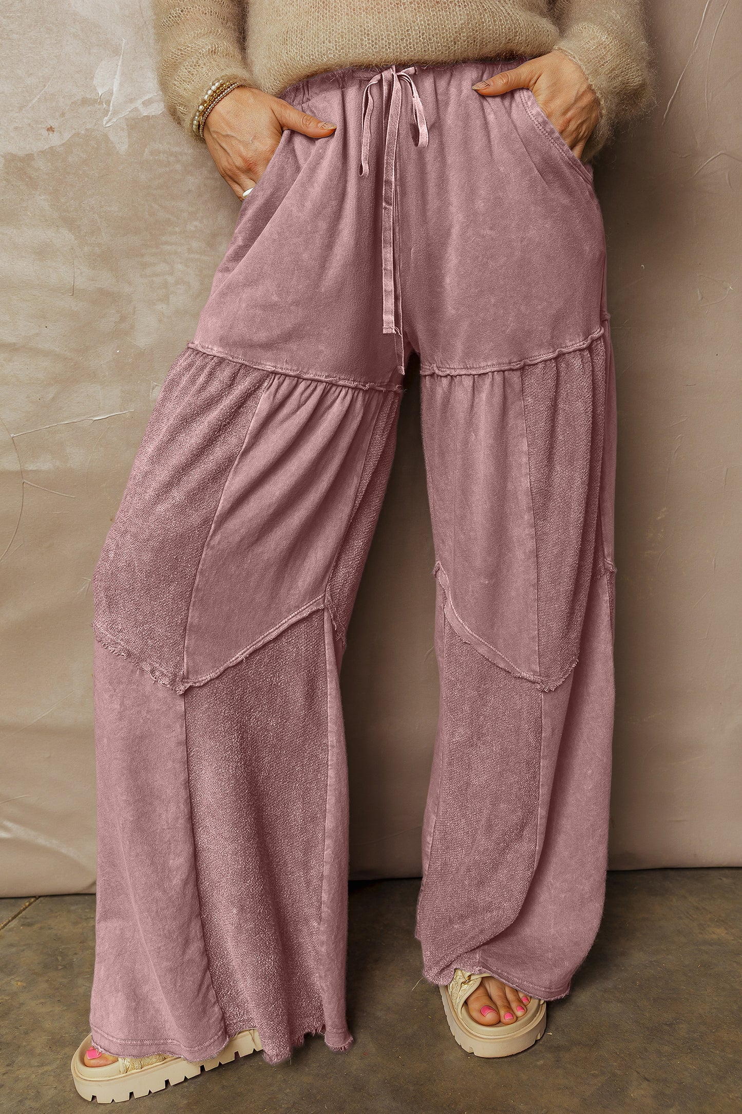Women's Black Mineral Wash Wide Leg Patchwork Pants