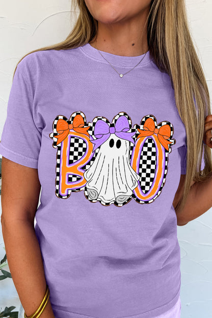 Purple Boo Ghost Halloween Graphic Tee with Bow Design