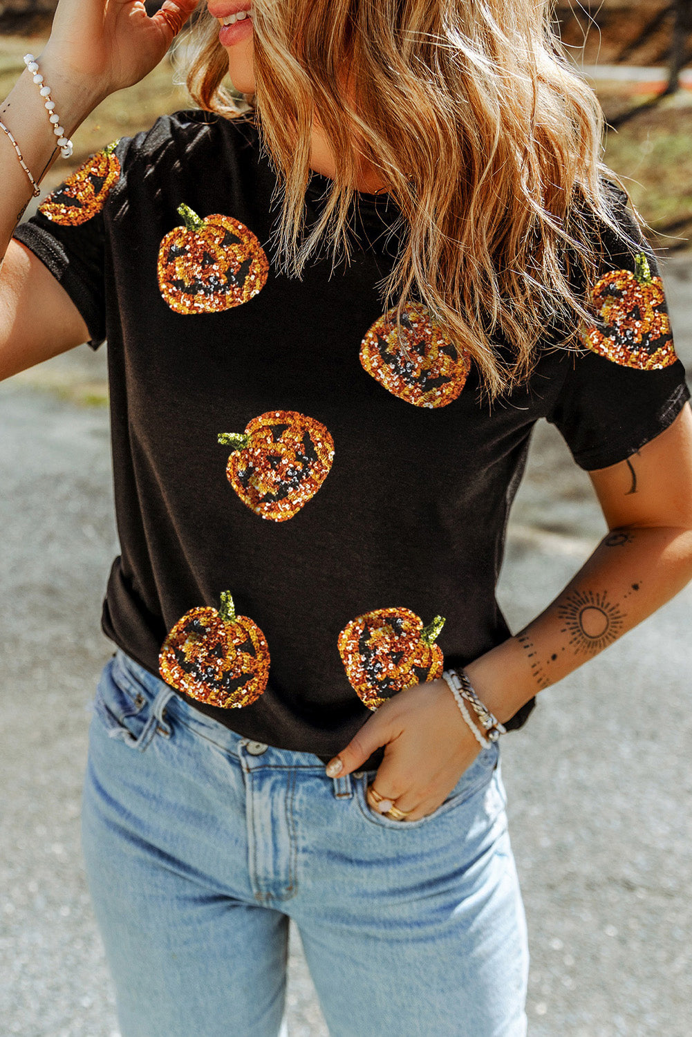 Women's Black Sequin Pumpkin Halloween T-Shirt