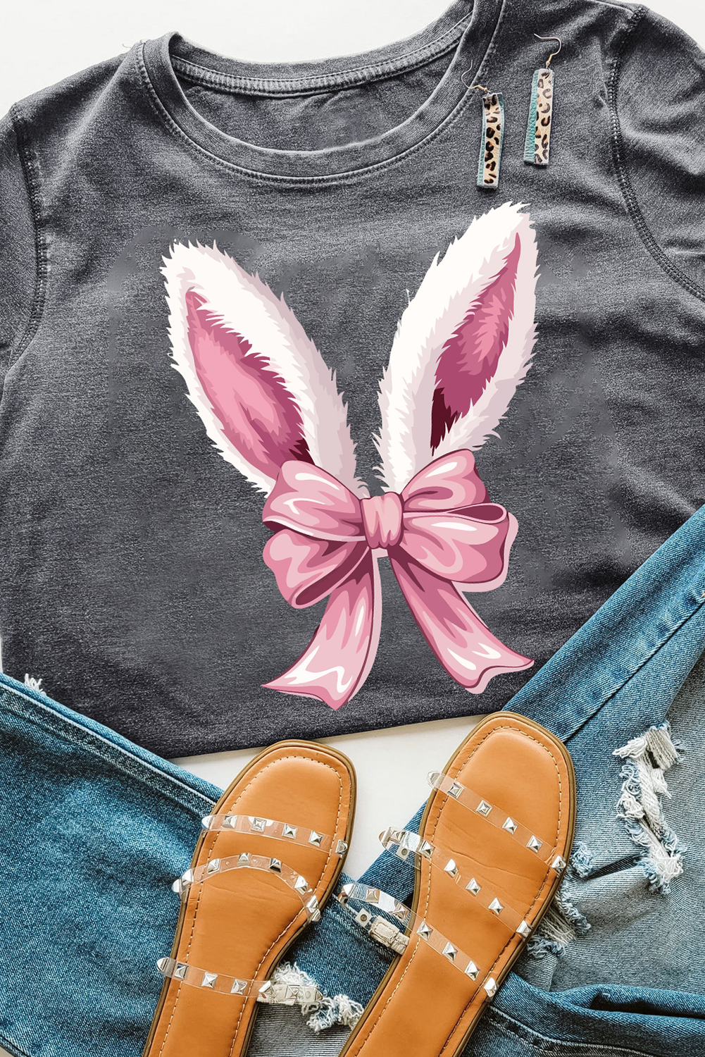 Easter Bunny Ear Bow Graphic Casual Spring T Shirt