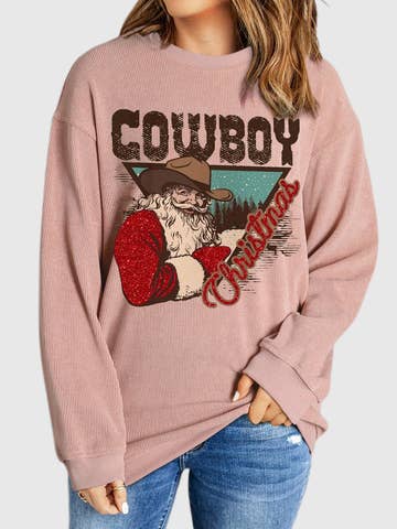 Cowboy Christmas Santa Graphic Corded Knit Sweatshirt