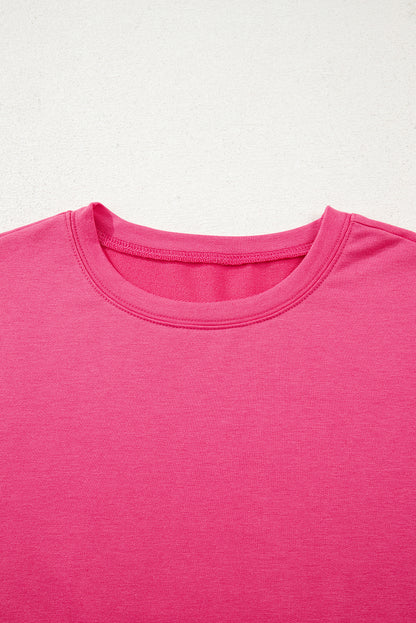 Bright Pink Patchwork Hemline Round Neck Casual Top