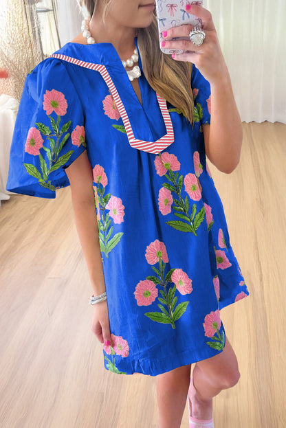 Easter Floral Split Neck Short Sleeve Mini Dress