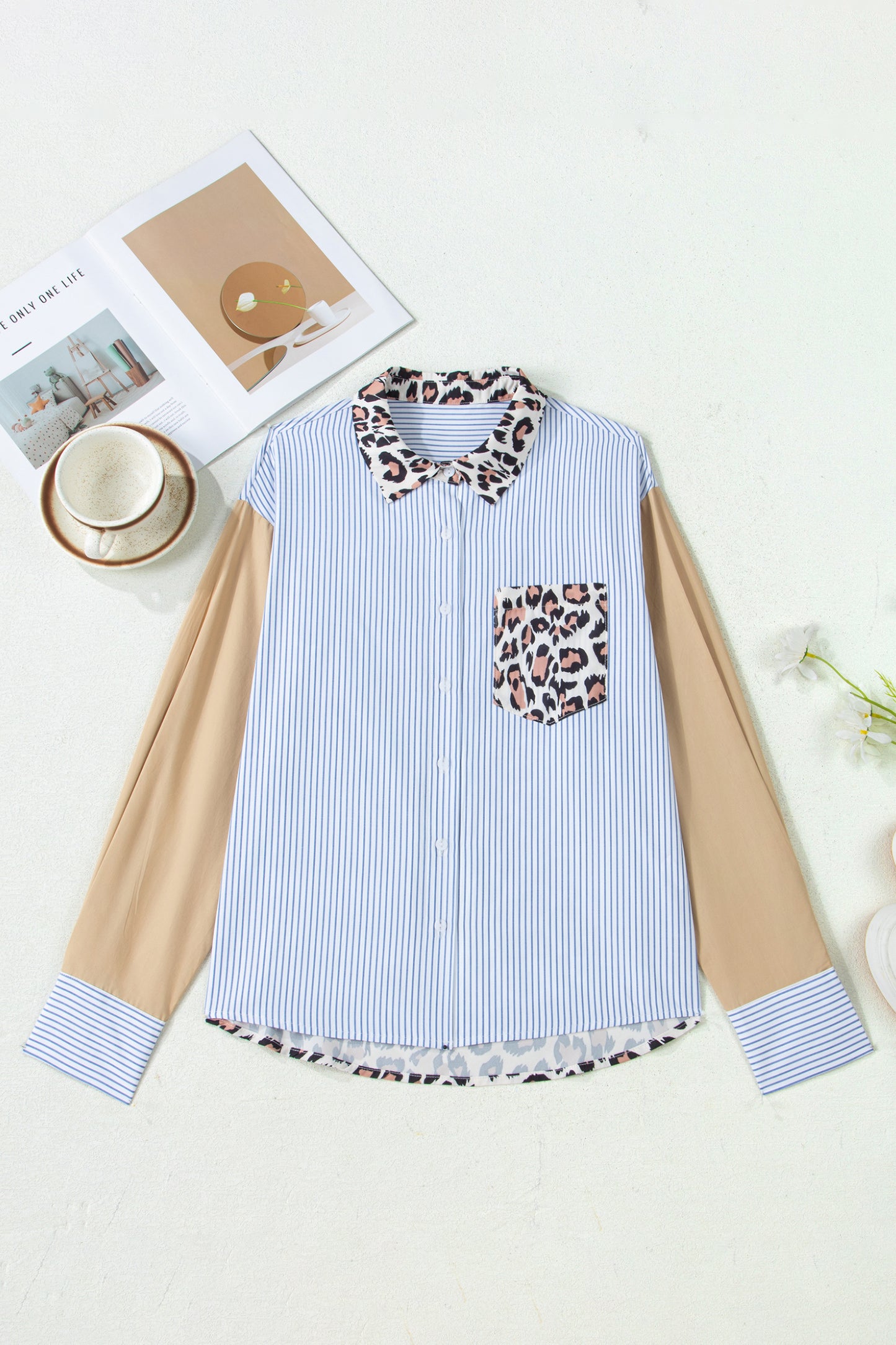 Sky Blue Striped Colorblock Leopard Patchwork Pocket Shirt